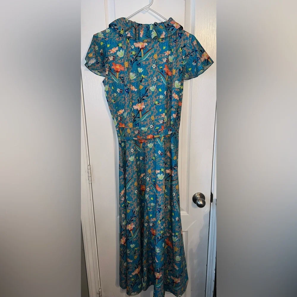 Benares Floral Wrap Maxi Dress Blue Orange Ruffle Detail Size S - Picture 3 of 6